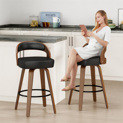 17 Stories Swivel Bar Stools Set Of 2, Counter Height Bar Stools For Kitchen Island Barstools Upholstered Faux Leather & Solid Wood Legs, VF