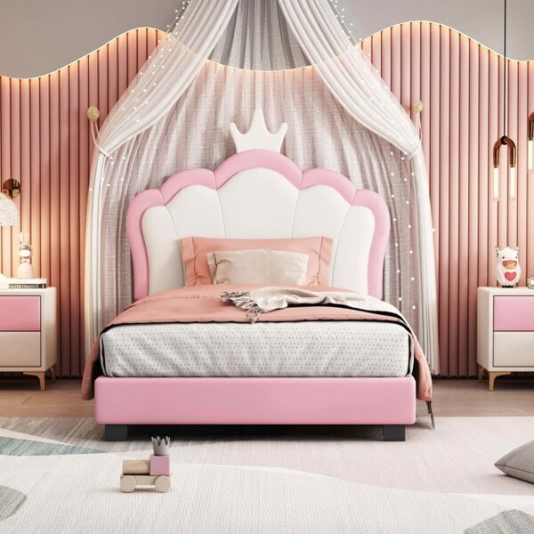 MAYEERTYTwinSizeUpholsteredPrincessBedwithCrownHeadboardFootboardforBedroomPink