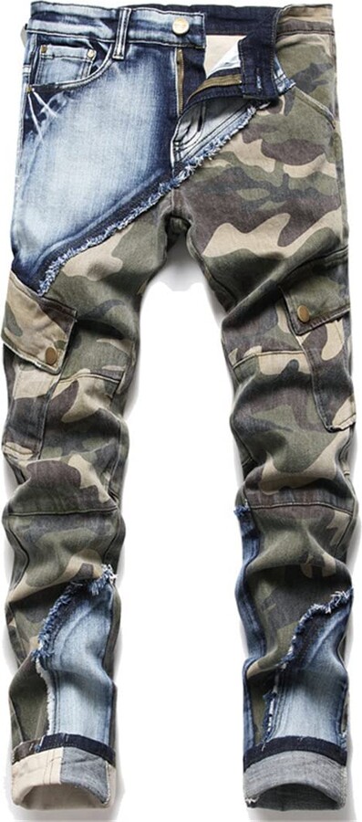Alloaone Men Camouflage Spliced Denim Jeans Trendy Pockets Cargo