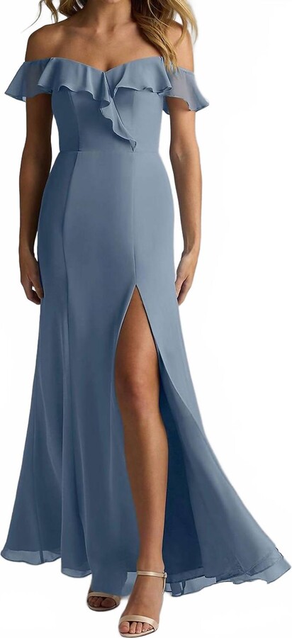 Madrid Off Shoulder Flutter Detail Chiffon Evening Slit Dress In Slate Blue
