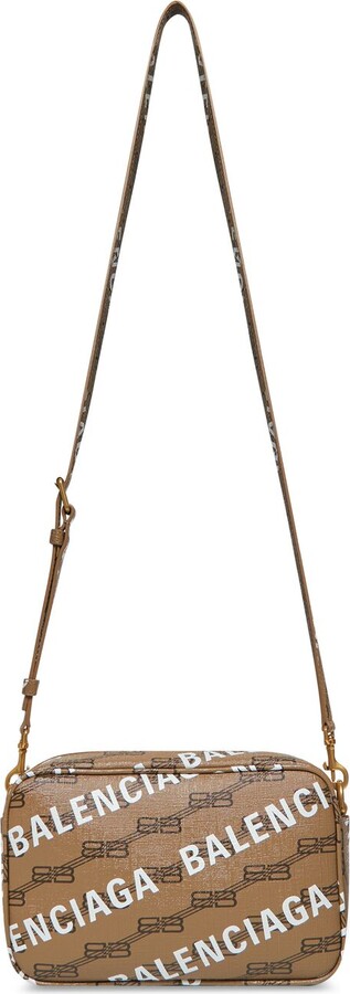 BALENCIAGA: Hourglass XS bag in coated cotton with all over monogram -  Beige