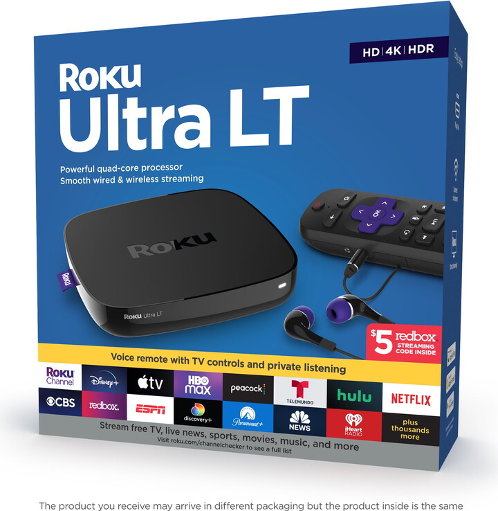 Roku Ultra LT 2019 HD/4K/HDR Streaming Device with Ethernet Port and Roku Voice Remote with Headphone Jack, includes Headphones