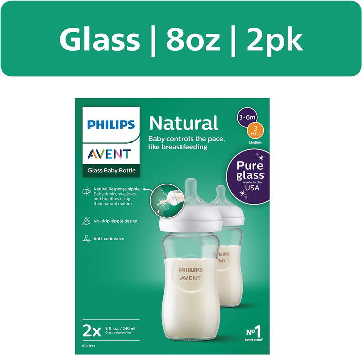 Philips Natural Glass Baby Bottles with Natural Response Nipples (Medium Flow, Flow 3), 8oz, 2-Pack, SCY913/02