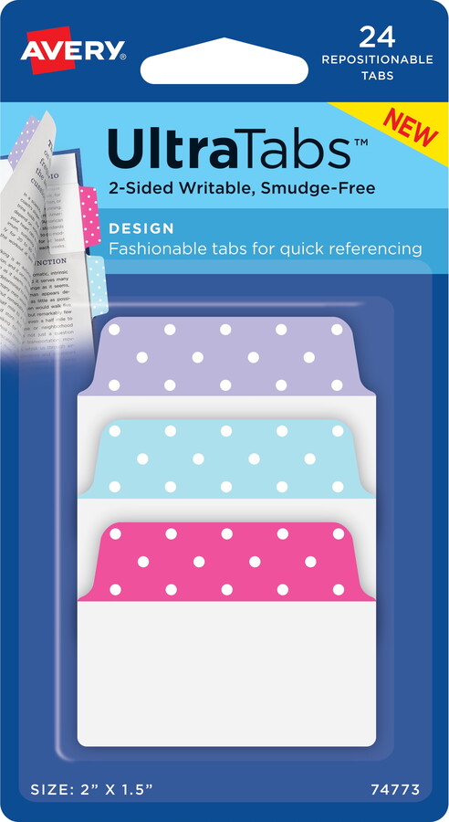 Avery Ultratabs, Multi-Use Style, 2" x 1.5", Paper, Write-on Tab, Multicolor, Dots Design, 24 Tabs