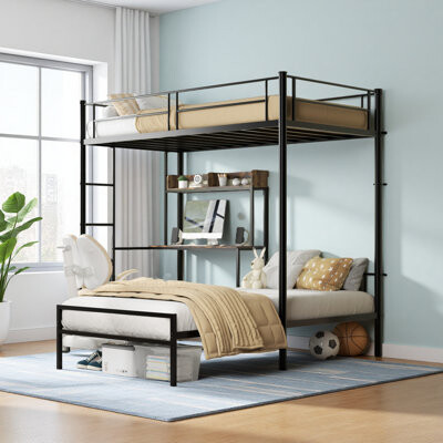 Mason & Marbles Bunk Bed Twin Over Twin Size With Desk And Charging Station L-Shaped Metal Bunk Bed With Storage Shelves And Bookcase Loft Beds With Safety Guardrail
