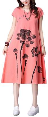 Buckdirect Worldwide Ltd. Chinese Style Flower Printed Cotton Linen V Neck Maxi Dress For Women
