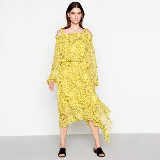 Studio by Preen - Yellow Floral Print Chiffon Cold Shoulder High Low Dress