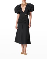 Thumbnail for your product : Carolina Herrera Plunging Puff-Sleeve Ruched Midi Dress