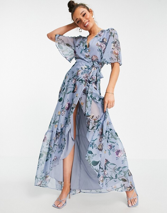Hope & Ivy flutter sleeve wrap maxi dress in blue floral - ShopStyle