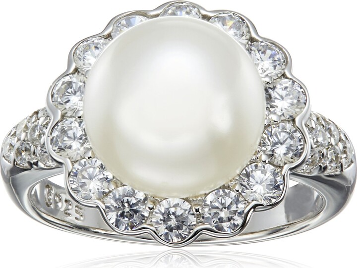 Platinum Plated Sterling Flower Pearl Ring
