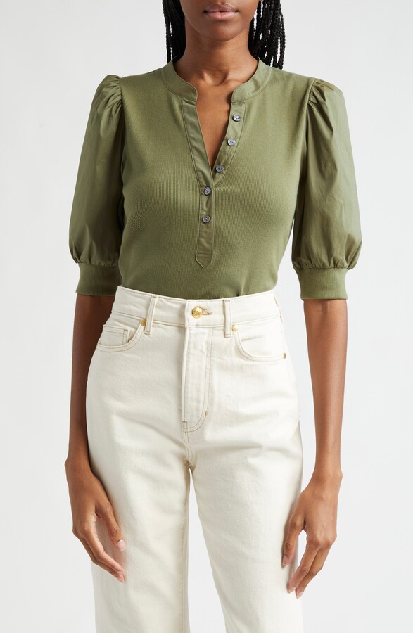 Veronica Beard Coralee Puff Sleeve Stretch Cotton Henley Top
