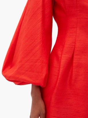 Rasario Balloon-sleeve Raw-silk Dress - Red