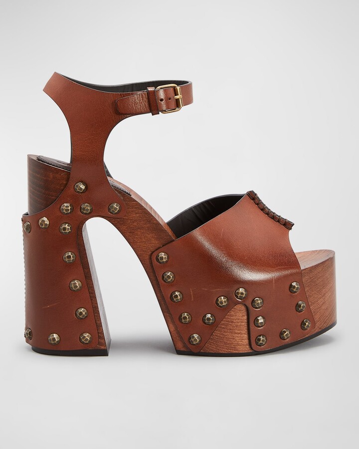 Leather T-Strap Style Sandals - Chunky Wooden Heels - TD Mercado