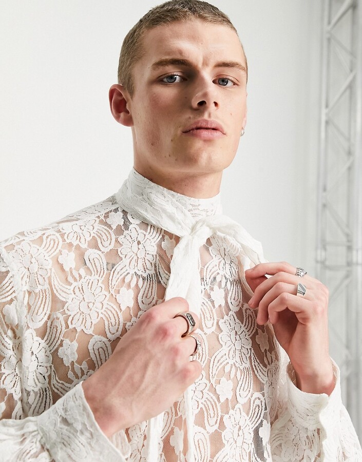 ASOS DESIGN regular fit lace shirt with pussybow in white - ShopStyle