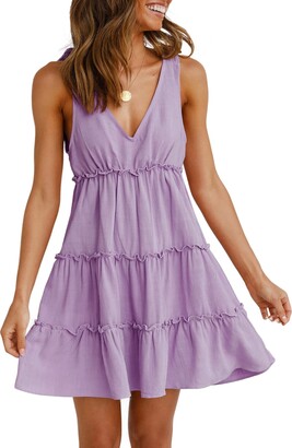 Anloli Brown Summer Dress for Women Tie Strap Ruffle Hem Sleeveless Ruffle Dress Mini Dress Brown XL