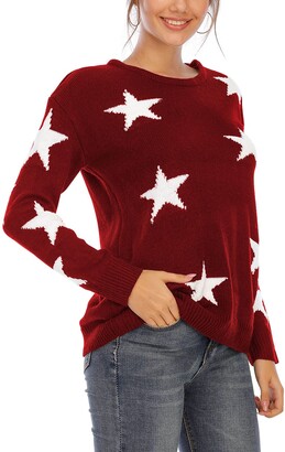 shermie Women's Pullover Sweaters Star Graphic Crew Neck Cable Knitted  Sweater Wine-Red 2 Medium - ShopStyle