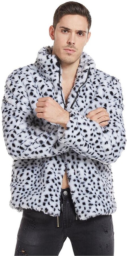 TMDD Men's Winter Warm Coat Leopard Print Faux Fur Coat Zipper