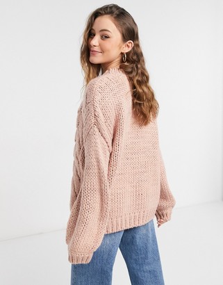 NA-KD round neck cable knitted jumper in dusty pink