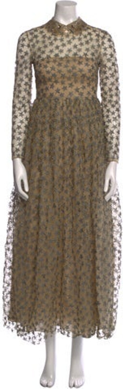 Valentino Evening Gown Gold & Metallic Lace Pattern Long Sleeve with Mock Neck Concealed Zip Closure at Back Size not listed, estimated from measurements. Designer