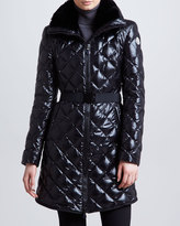 Thumbnail for your product : Moncler Long Belted Fur-Collar Puffer Coat, Black