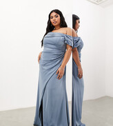 Thumbnail for your product : ASOS Curve ASOS DESIGN Bridesmaid Curve satin bardot drape wrap maxi dress in dusky blue
