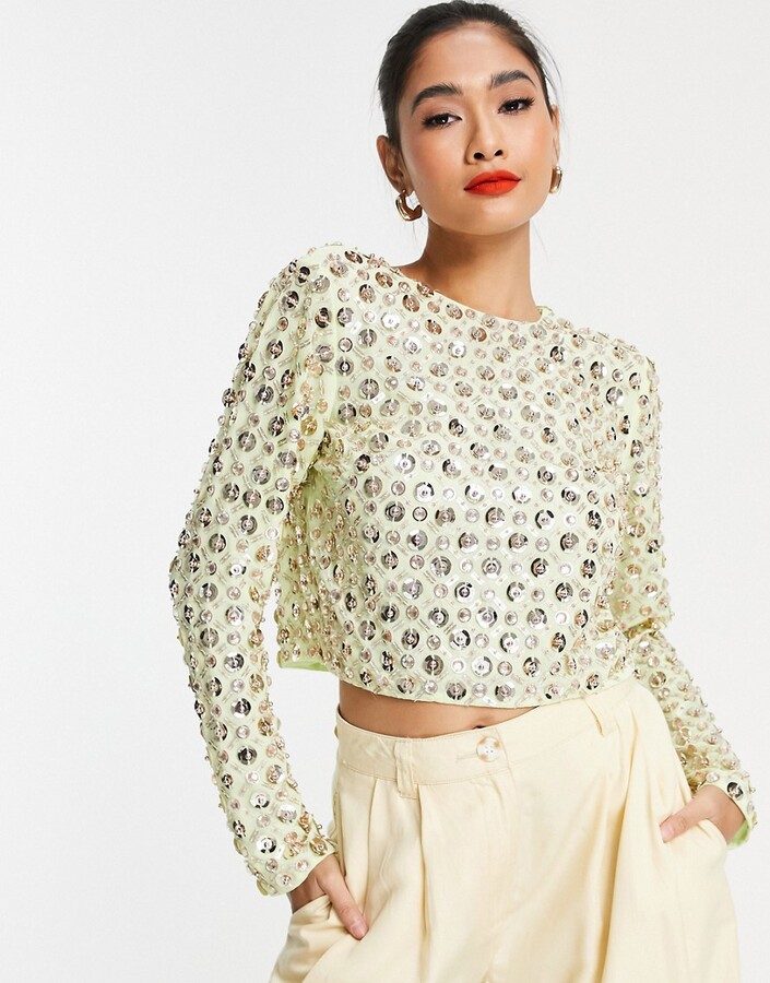 ASOS DESIGN long sleeve embellished top with tie back detail in