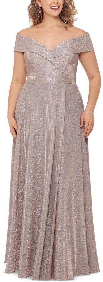 Xscape Evenings Plus Size Off-the-Shoulder Glitter Gown - Blush Pink/Silver  - ShopStyle