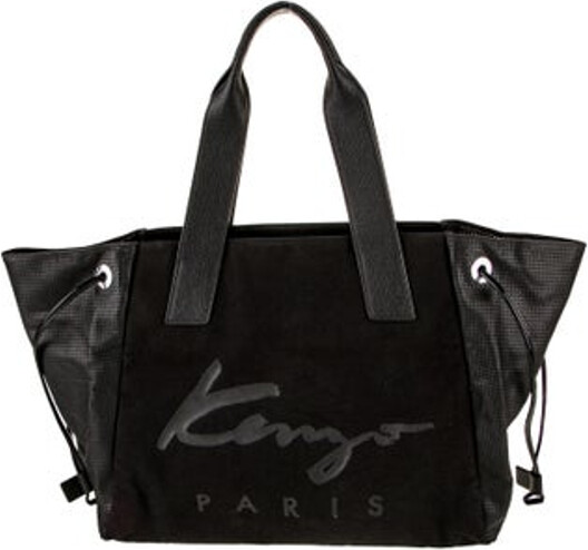 Kenzo Shoulder Bag Black Leather Floral Print Silver-Tone Hardware Flat Handles Jacquard Lining Drawstring Closure at Side Unfortunately, due to restrictions, this item may not be eligible for shipping in all areas.