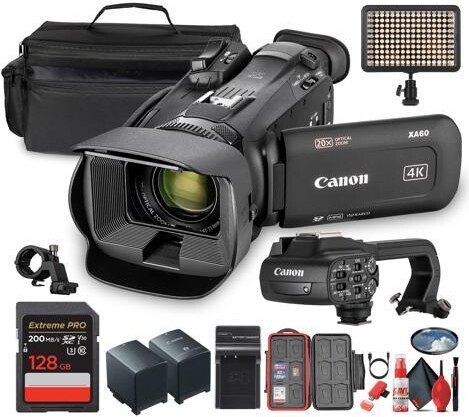 Canon XA60 PAL Professional UHD 4K Camcorder + 128GB SD Card + LED Light + More (Bundle)