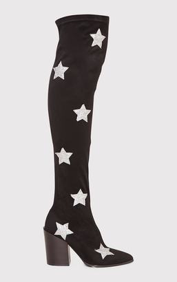 PrettyLittleThing Ayesha Black Faux Suede Star Thigh High Western Boots