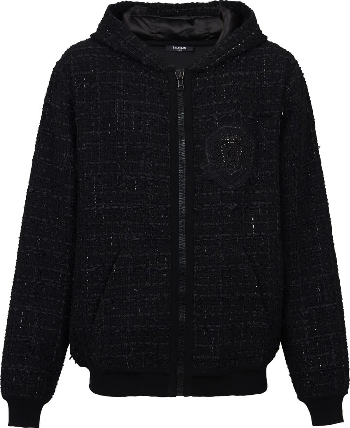 Balmain Logo-Patch Tweed Hooded Jacket ShopStyle Jumpers Hoodies