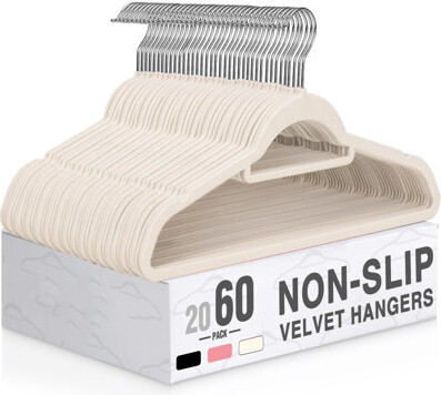 Rebrilliant Velvet Hangers With Tie Bar 60 Pack Ivory, Clothes Hanger Non-Slip, Space Saving Felt Hangers For Pants, Coat, Suits, Shirt, Scarf, No Hanger Marks