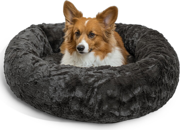 Best Friends by Sheri Original Calming Donut Dog and Cat Bed, Lux Faux Fur, Mink Dark Gray, Medium (30x30") - Helps Provide Anxiety Relief for Pets