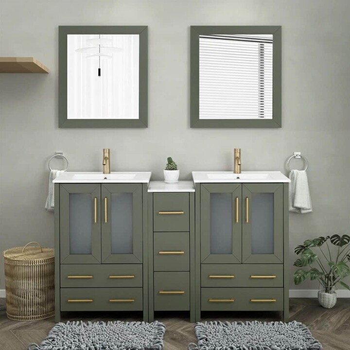 Vanity Art 60 in. W x 18.1 in. D x 35.8 in. H Double Basin Vintage Green Bath Vanity with White Ceramic Top and Mirror