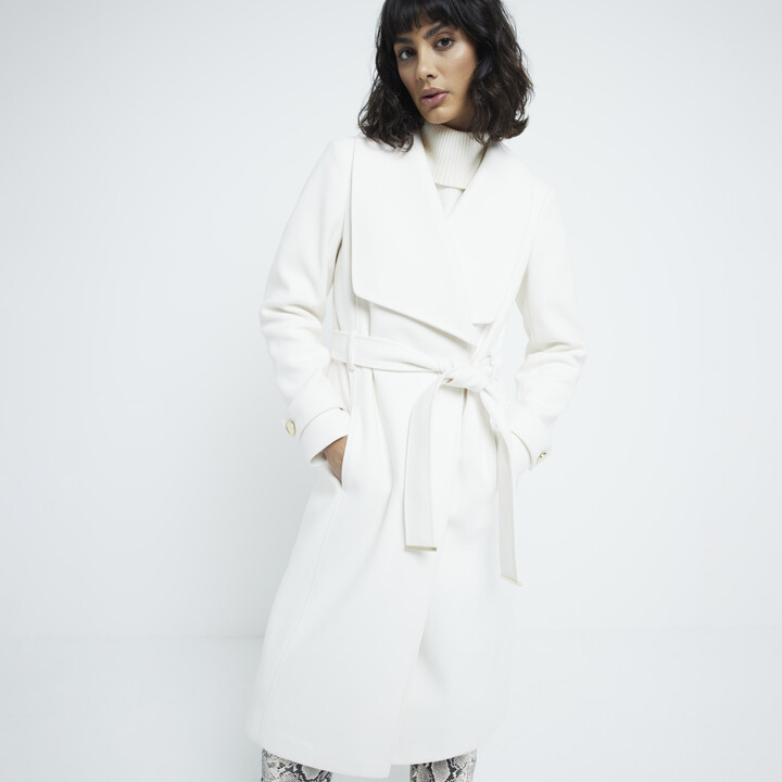 River Island Womens Cream Belted Wrap Coat ShopStyle