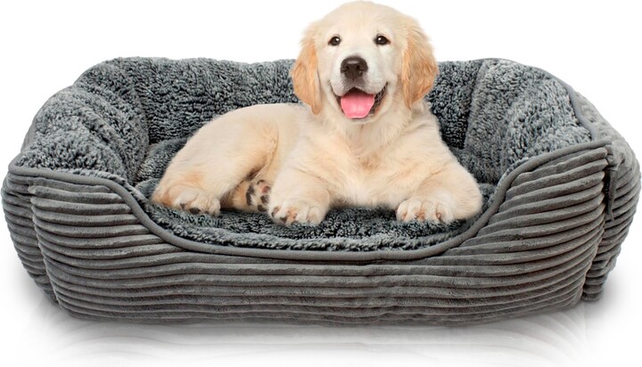 Details Rectangle Dog Bed, Durable Sleeping Calming Cuddler for Pets, Super Plush Corduroy Sherpa