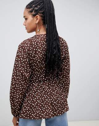 ASOS DESIGN long sleeve plunge top with kimono sleeve and belt in polka dot