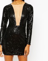 Thumbnail for your product : Rare London Plunge Neck Long Sleeve Bodycon Dress In All Over Sequin