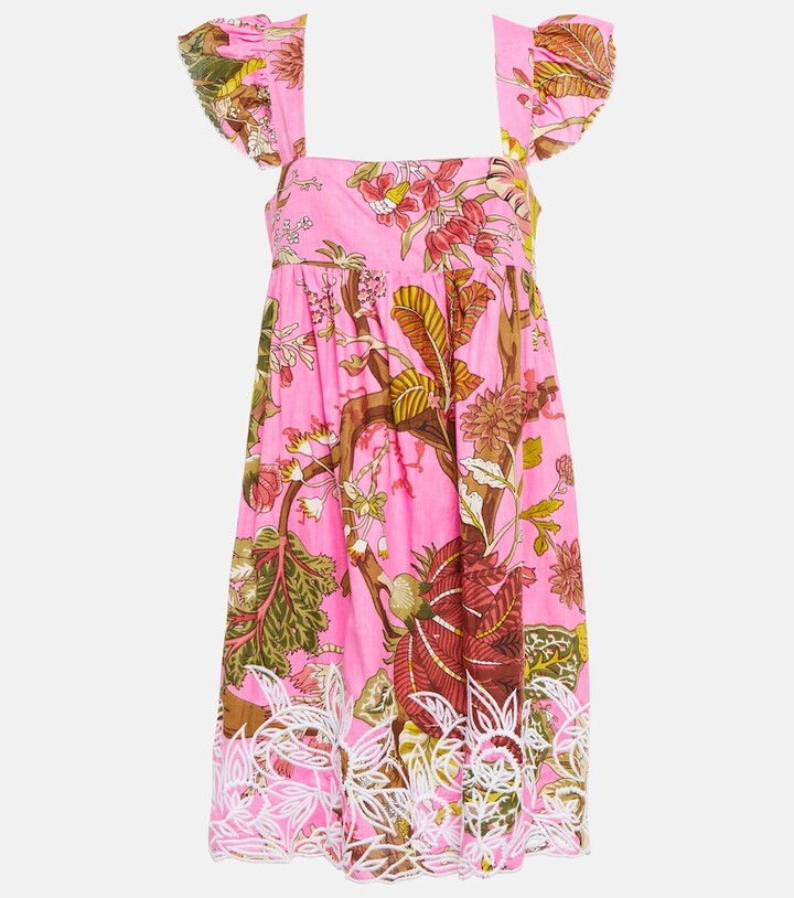 Juliet Dunn Embroidered floral-print cotton minidress