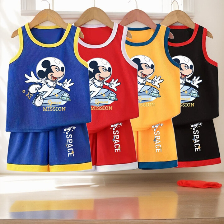 Summer Boys Basketball Clothes Sets Cartoon Mickey Printed Children & apos;s Vest and Shorts 2pcs Suit Kids Mesh Breathable Outfits New