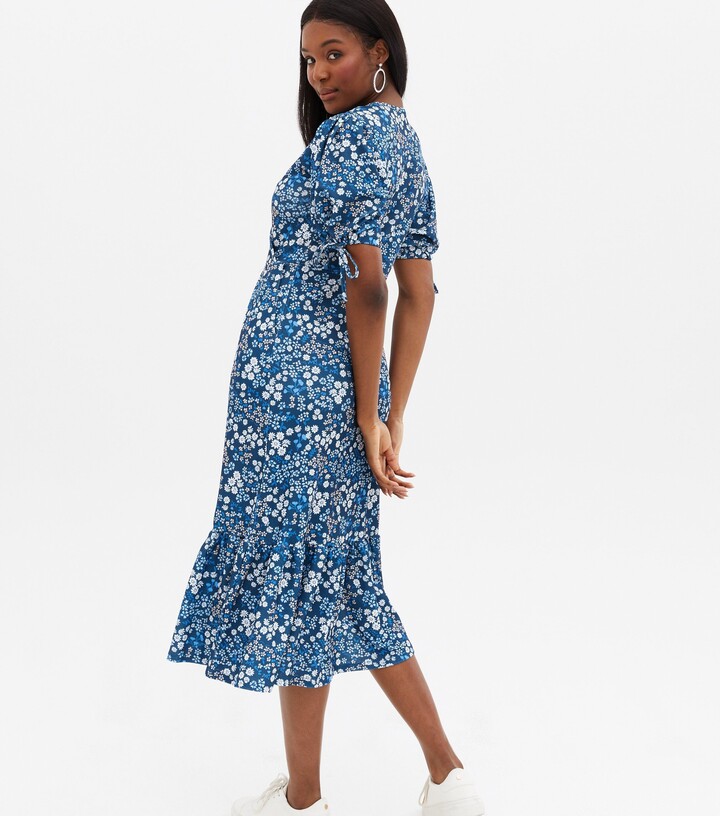 Cameo Rose Blue Floral Tie Sleeve Midi Wrap Dress ShopStyle