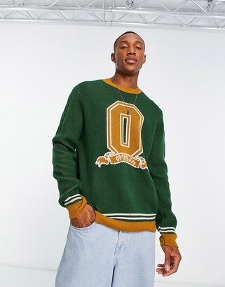 ASOS DESIGN knitted relaxed fit sweater with collegiate print in green