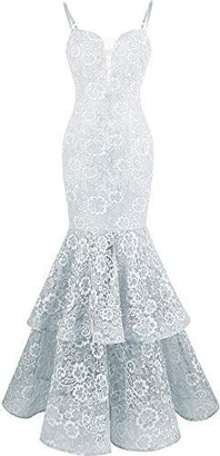 Angel-fashions Women's Bubble Prom Dress Lace Spaghetti Strap XLarge Light Gray
