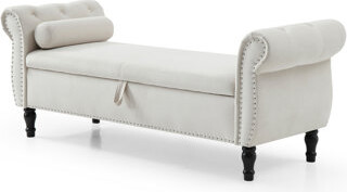 Aijia 63" Velvet Multifunctional Storage Bench Rectangular Sofa Stool Buttons Tufted Nailhead Trimmed Ottoman Solid Wood Legs With 1 Pillow,