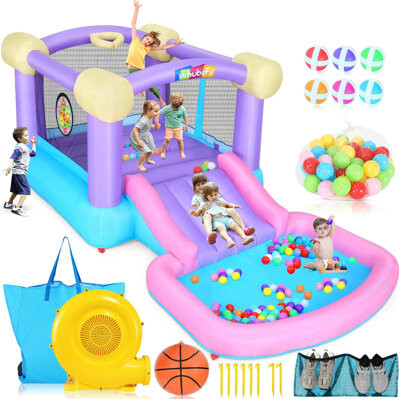 Homdox 13.4' x 6.9' Inflatable Bounce House with Slide, Air Blower, Basketball Hoop for Backyard Play, Party