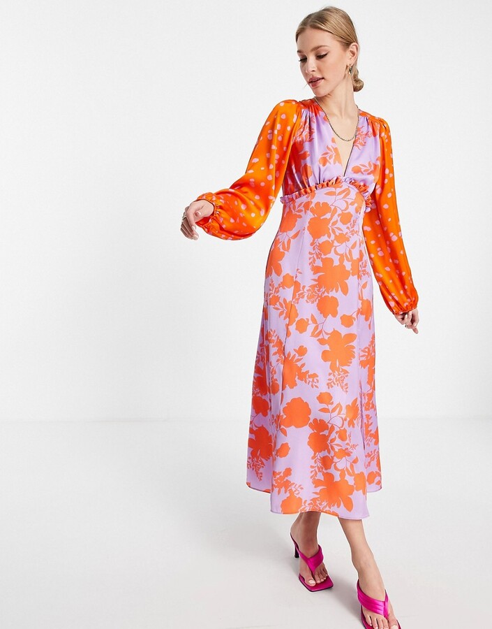 ASOS DESIGN frill open back satin midi dress in mixed red and