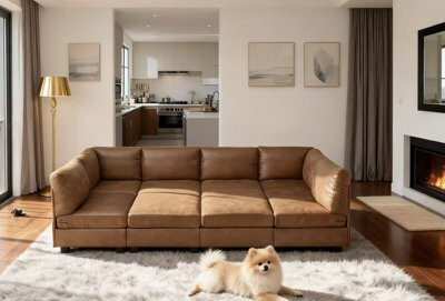 Three Posts Barnwell 120" Wide Faux Leather Modular Corner Sectional with Ottoman