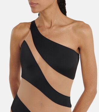 Norma Kamali Snake paneled mesh one-shoulder swimsuit