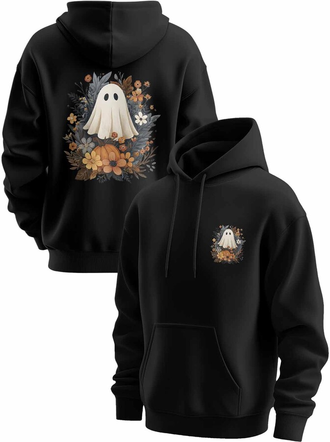 Xiidiekbish Thanksgiving Ghost Hoodies for Men Halloween Pumpkin Floral Leaves Autumn Graphic Print Long Sleeve Drawstring Hoodie Pullover Sweatshirt with Pocket