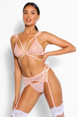 boohoo Multi Strap Lace Bralette Thong and Suspender Set
